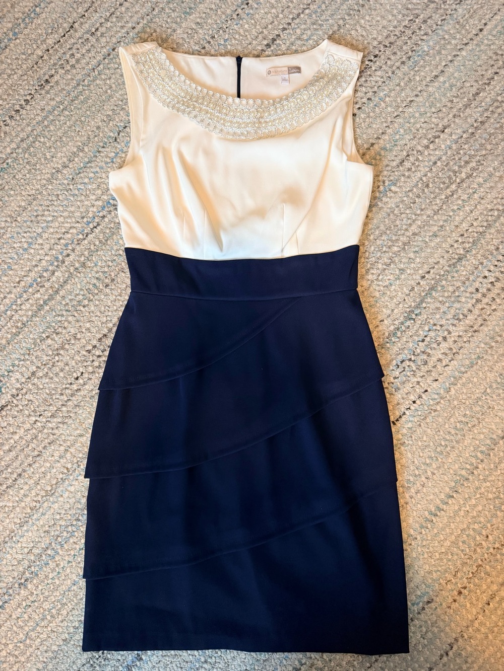 Sabrina Two-Tone Pearl-Trim Sheath Dress - Cream and Navy